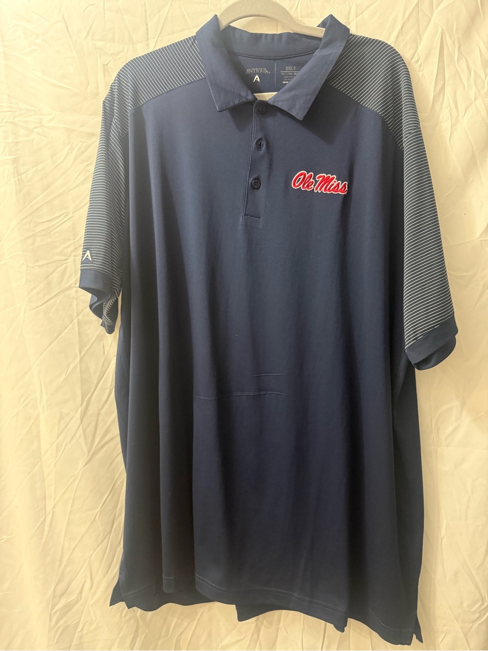 Antigua Ole Miss Navy Polo with Striped Sleeve Panels